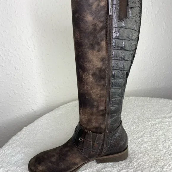Ladies Donald J Pliner Brown Suede Alligator Knee High Zip Up Boots Size: 6.5 M - Picture 6 of 16